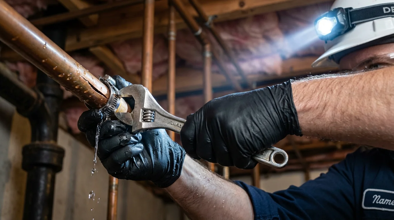 Emergency pipe clamp repair being performed by a Johns Plumbing LLC plumber in Mahanoy City