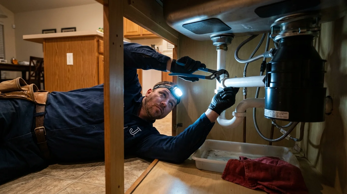 P-trap and supply line connections under a kitchen sink showing a common leak point in Mahanoy City, PA